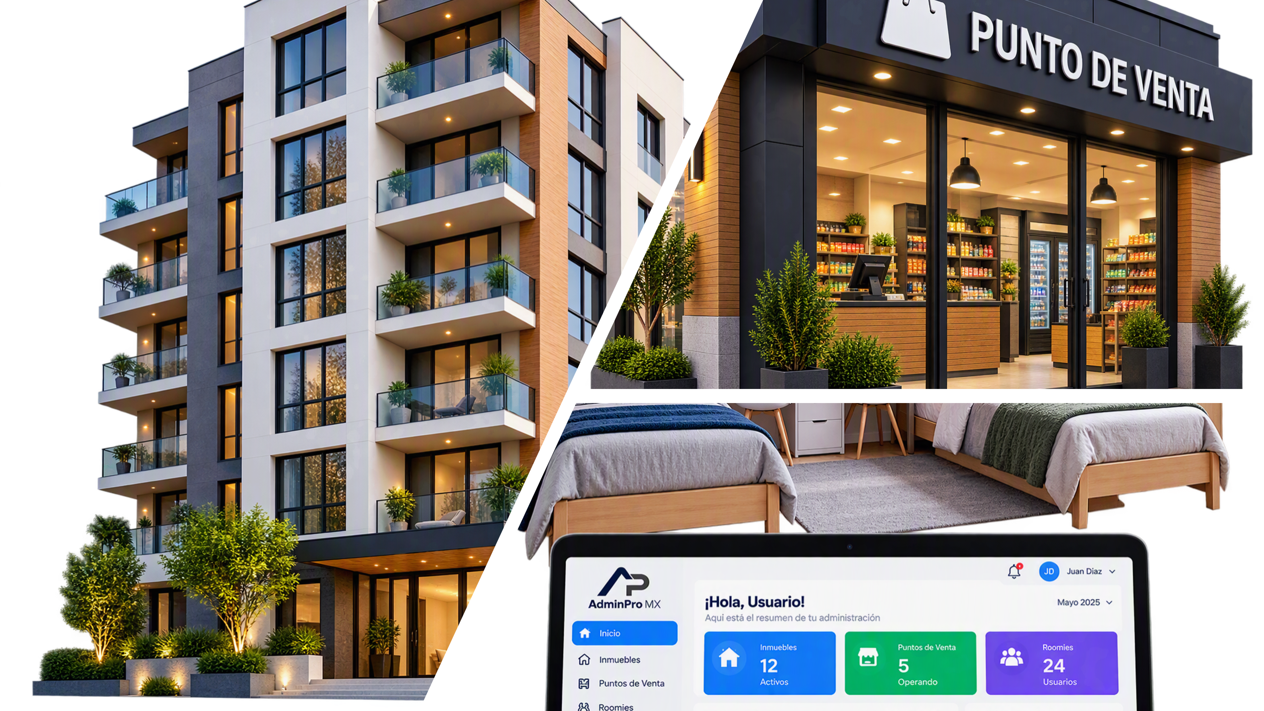 Composición de AdminPro MX con edificio residencial, punto de venta, habitación compartida y panel ilustrativo de administración